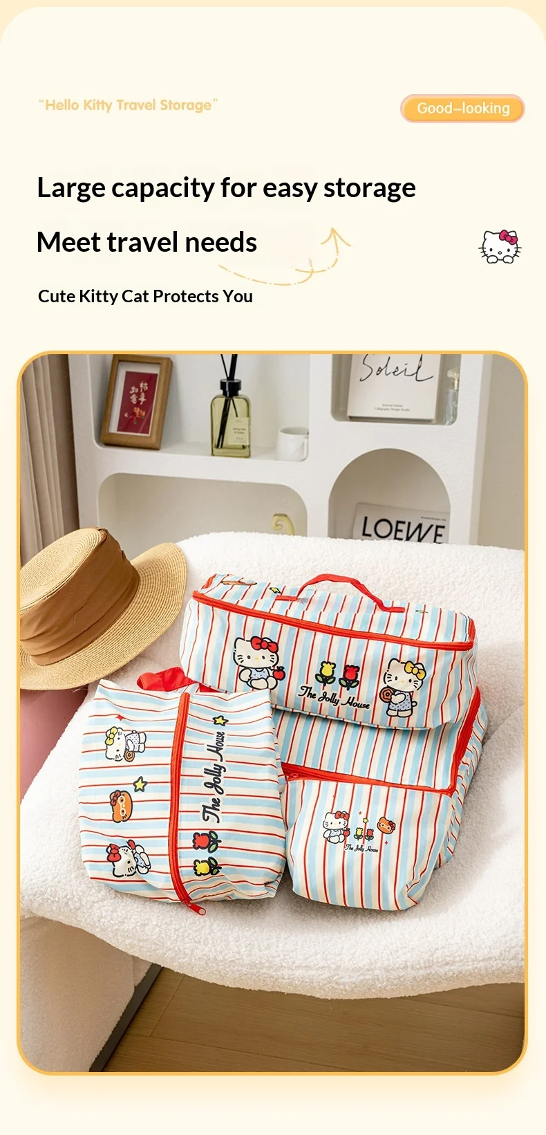 Hello Kitty Gestreifte Reise-Aufbewahrungstaschen Wasserdichte Koffer-Organizer-Tasche für Kleidung, Unterwäsche, Schuhe, Organisation, Geschenk – Detail 7