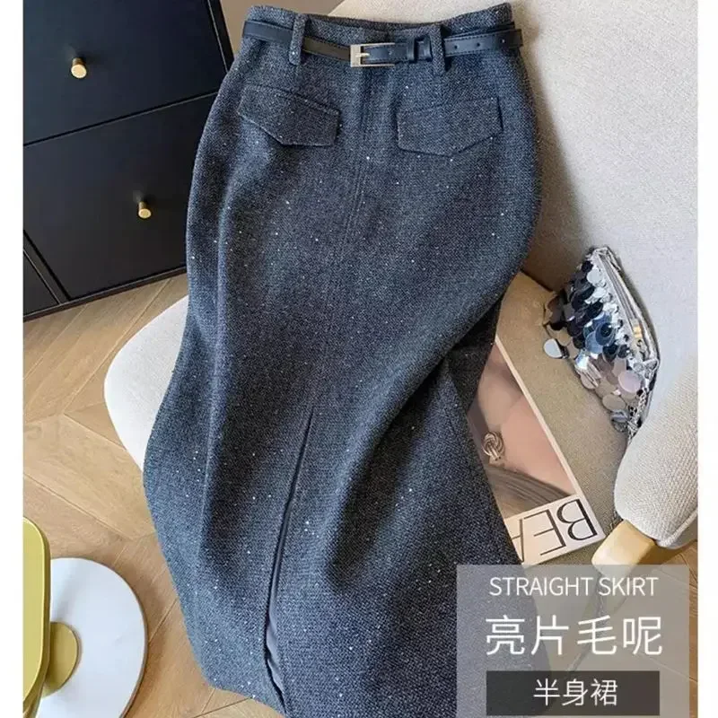 ใหม่หรูหราเลื่อมกระโปรงผู้หญิงฤดูใบไม้ผลิฤดูใบไม้ร่วงElegant HighเอวSlimแยกOffice Lady WoolenกระโปรงMidi Faldasเสื้อผ้า