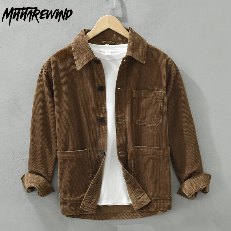 

Spring Fall Clothing Long Sleeve Shirt Man Japanese Retro Corduroy Shirt Lapel Multi Pockets Causal Shirts Pure Cotton Overshirt