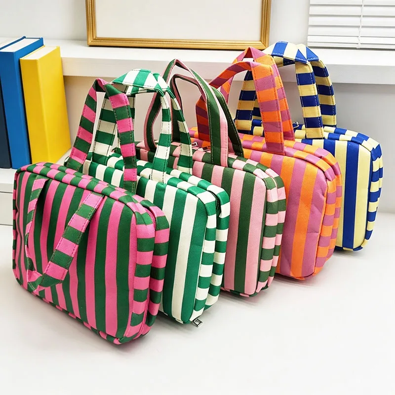 Portable Hanging Travel Toiletry Bag 4-Fold with Hook Makeup Bag Large Capacity Striped Cosmetic Bag Travel