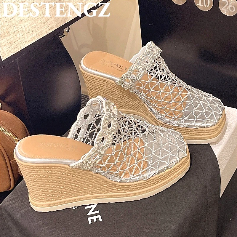

Crystal Wedges Slippers Mesh Platform Sandals for Woman Elegant Mules Shoes Square Toe 2025 Summer Fashion Dress Pumps Sandalias