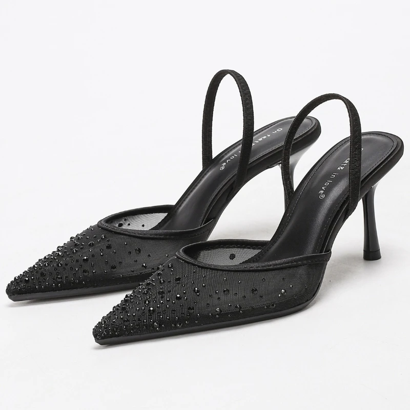 

Новинка 2026, элегантные босоножки на каблуке с кружевом и стразами, женская модная обувь для банкета и вечеринки, туфли-лодочки, сексуальные шлепанцы с открытым носком, женские тапочки