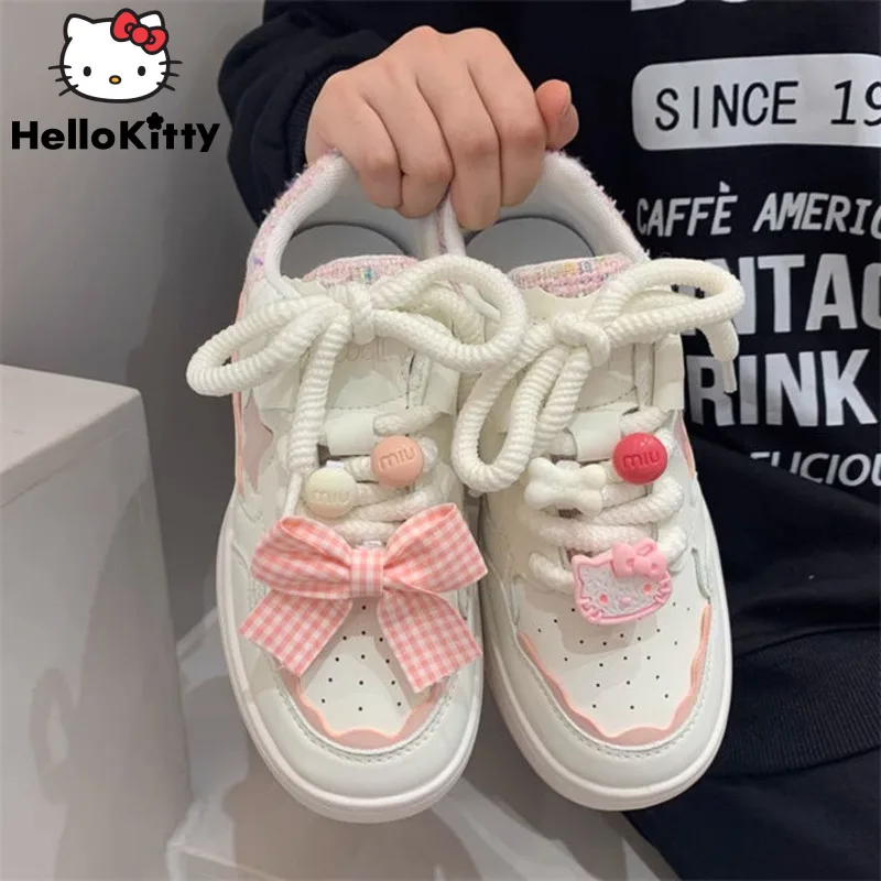 Sanrio Hello Kitty Summer New Korean Style Thick Sole Board Shoes Women Cute Sneakers Student Versatile Bow Dopamine Board Shoes