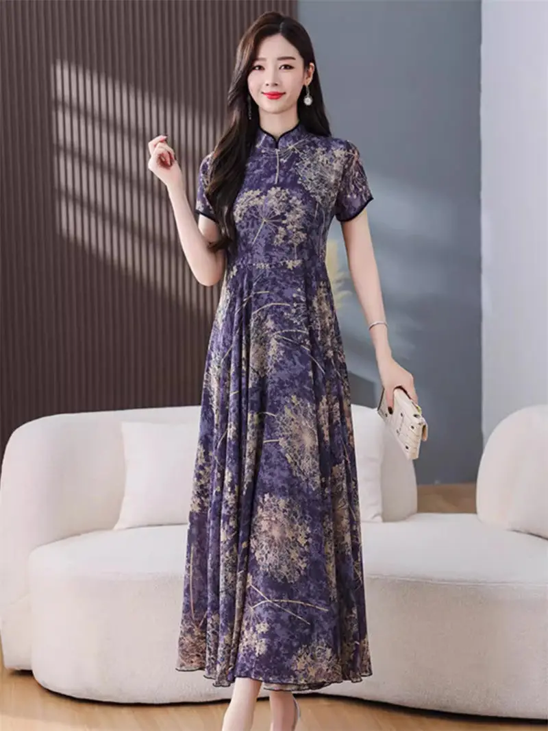 

New Chinese Dress Purple Temperament Slimming 2024 Summer High-End Improvement Super Long Printed Qipao Dress For Women Z4604