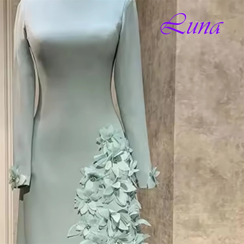 

Customized Modern Crew Neck Long Sleeves Evening Dress High Quality Satin Prom Dresses Delicate Flowers Special Occasion Gowns