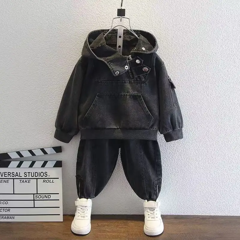 

2-Piece Fall/Winter Baby Boy Trend Fashion Vintage Denim Jacket + Casual Sports Sweatpants 2Pcs Casual Outing Suit