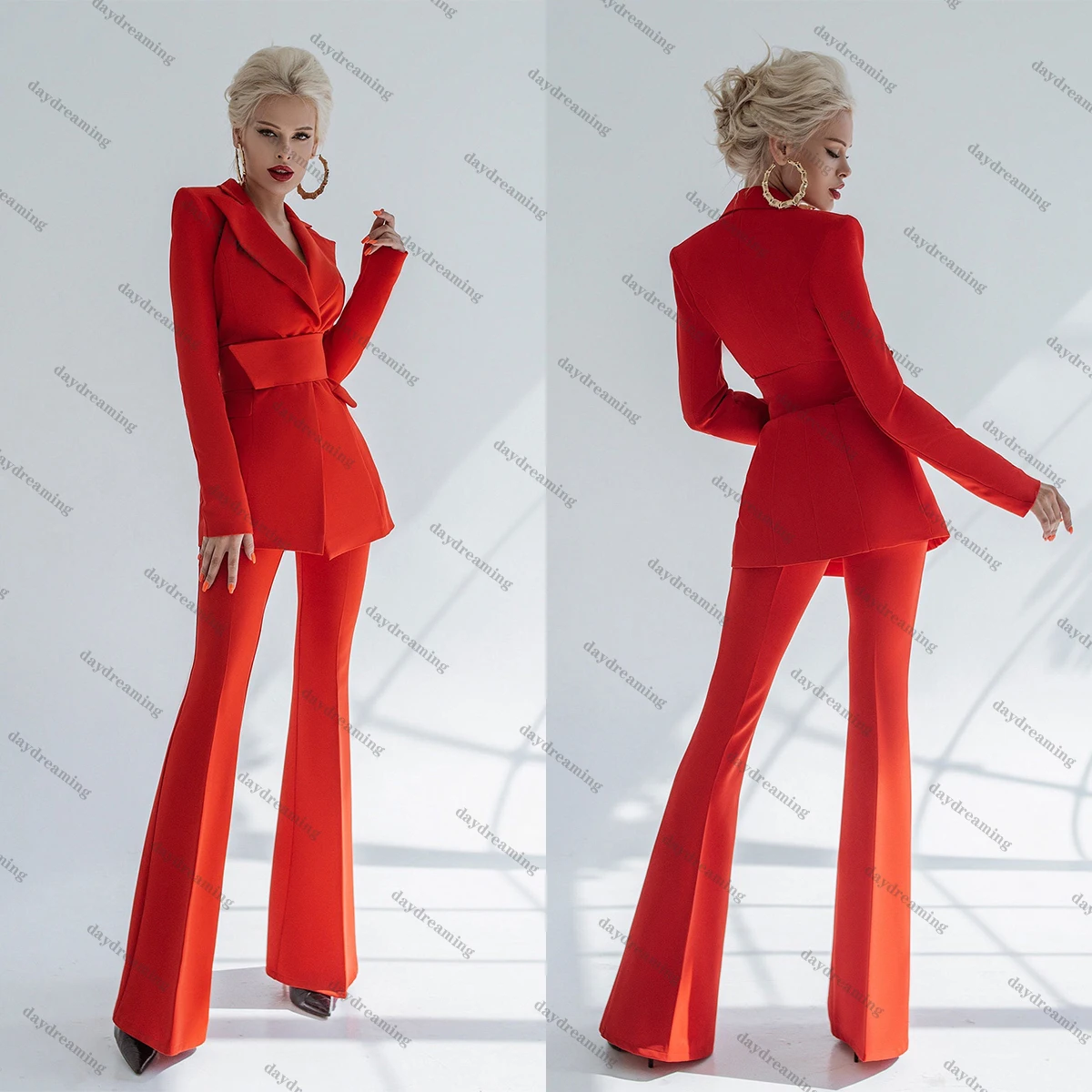 Peaked Lapel Red 2 Pieces Women Suits Dresses Lace Up Blazer Custom Made Elegant Flare Pants Daily Power Gown