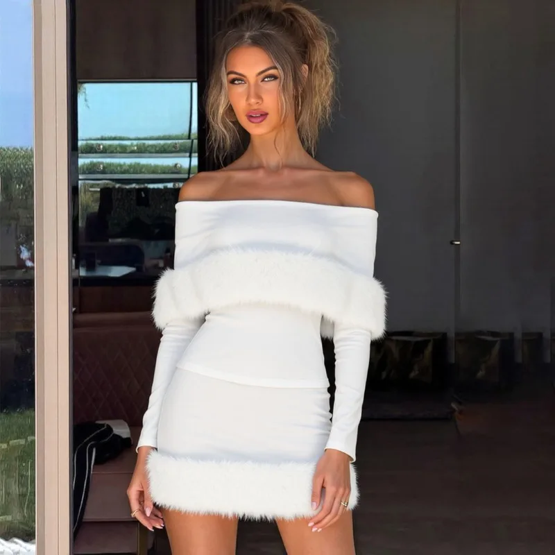 

Tuularose White Dress Sets Fashion Faux Fur Patchwork Backless Top Fitted Mini Skirt Set New Autumn Elegant Women's Dress Sets