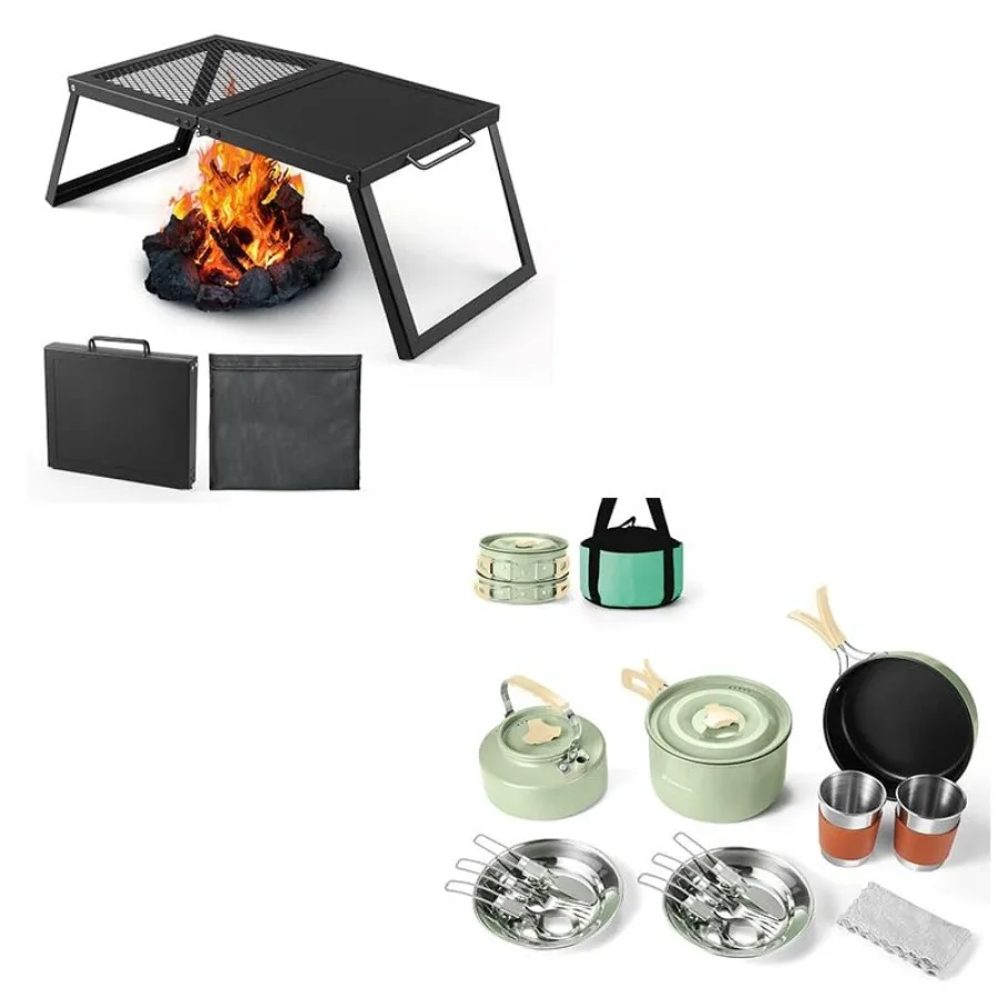 

Bundle - 2 Items Folding Campfire Grill and Camping Cookware Set