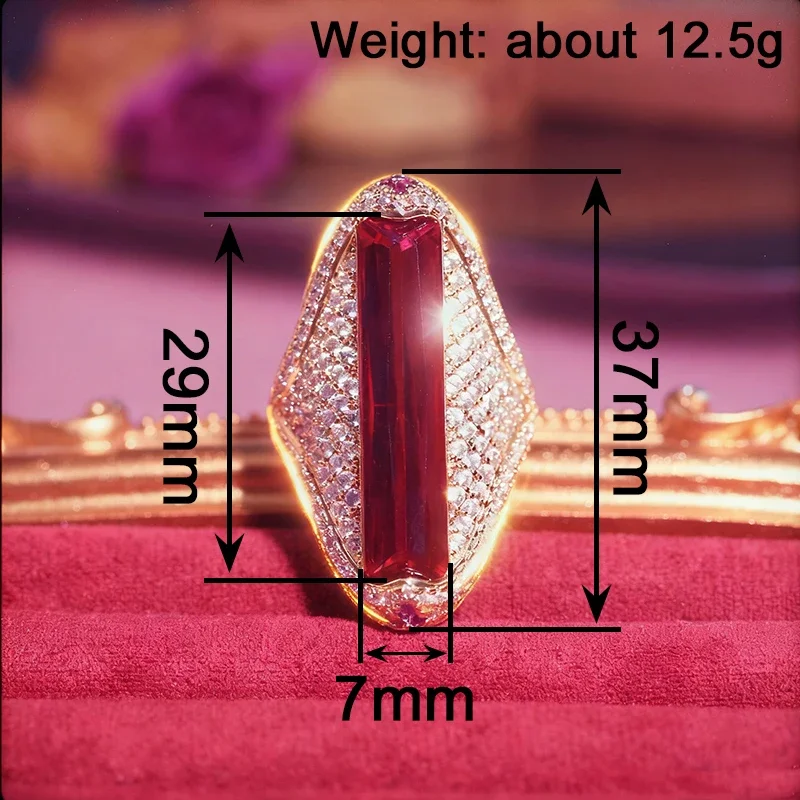 Huitan Lange Rechteckige Ringe mit Roten Kubischen Zirkonia für Damen Luxuriöser Goldfarbener Schmuck für Hochzeit, Jubiläum, Moderne Party und als Statement-Schmuck – Detail 1