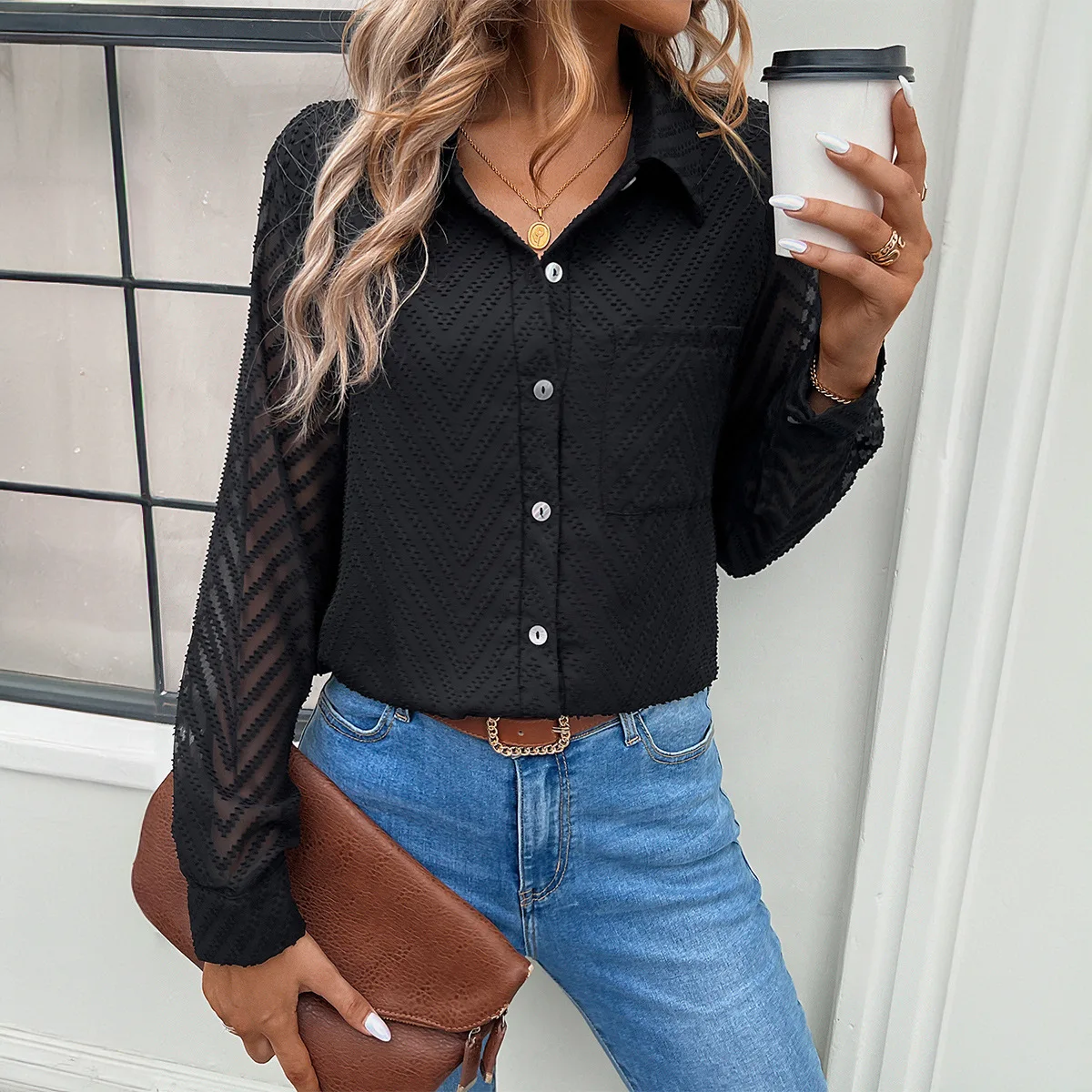 Damen T-Shirt Kleidung Damen Kleidung Top Damen Basic All-Match Tops Einfarbiges Hemd Pendler Jacquard Langarmbluse
