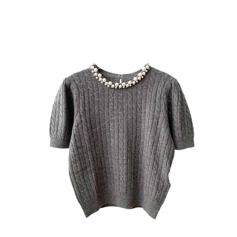 

Women Gray Knitted Wool Cashmere Sweater Pearls Trim O Neck Short Sleeve Autumn 2024 New Pullover Jumper Female Tops G651