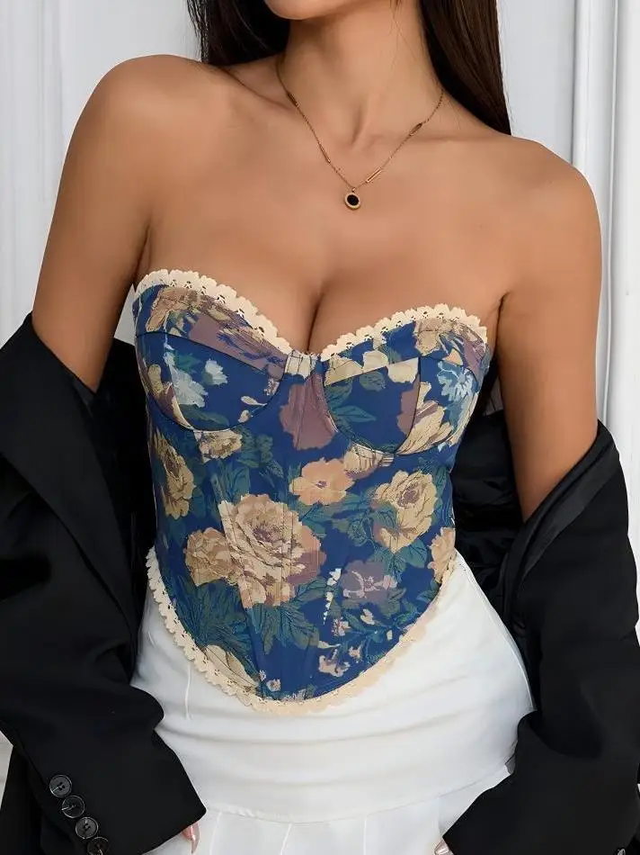 

Sexy Lace Print Diamond aped Strapl Brtte Floral Street Sle Regular Thin Chinese Made Women's Top