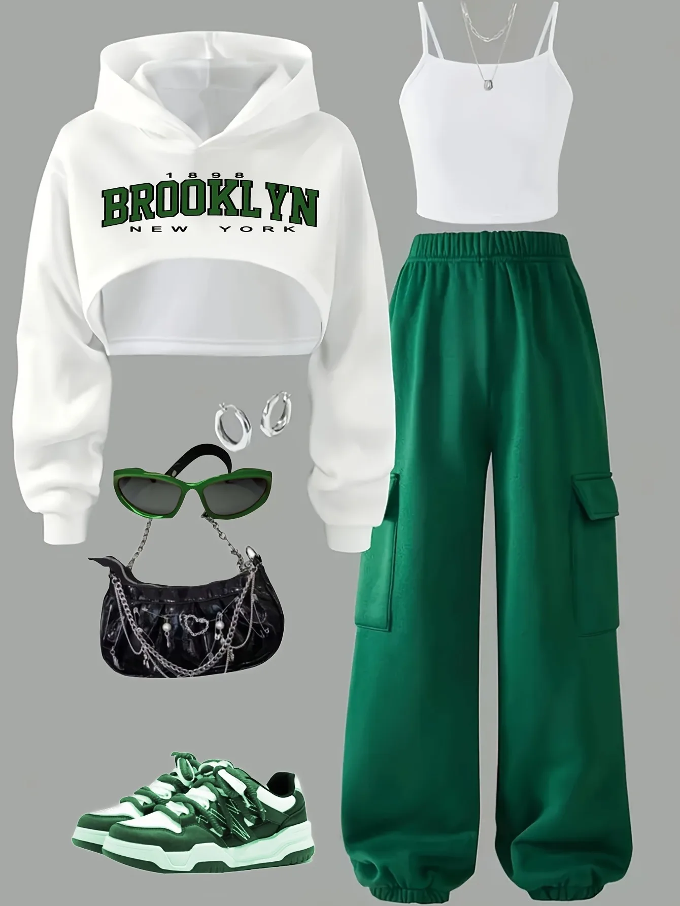Trendiges, bequemes 3-teiliges Set für Mädchen, weißer Brooklyn Cropped Hoodie + Tanktop & grüne Cargo-Jogginghose für lässigen Street-Style.