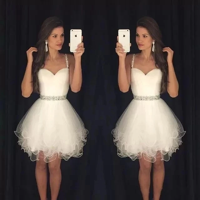 

ANGELSBRIDEP White Spaghetti Straps Homecoming Dresses With Beading Waist Tulle Cocktail Graduation Formal Party Gowns Plus Size