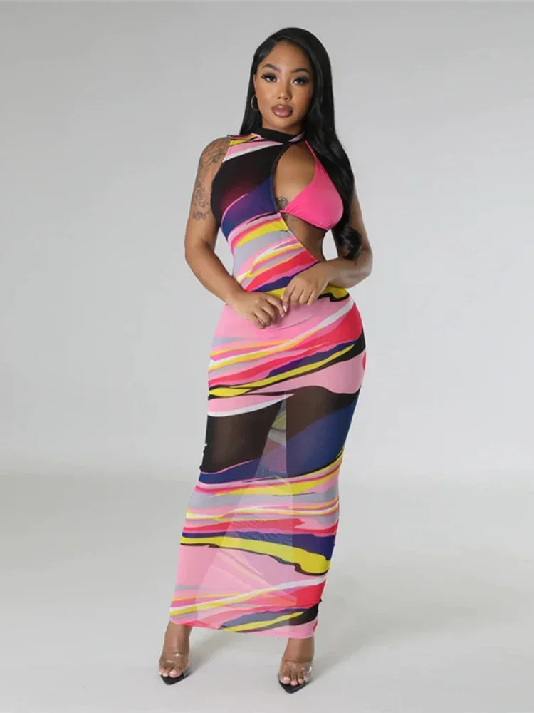 CPSYMYM  Women Sexy Bikini 3 Piece Sets Beach Lace Up Bra Top Low Waist Underpants Swimsuit Long Print Mesh Cutout Dress Cover U