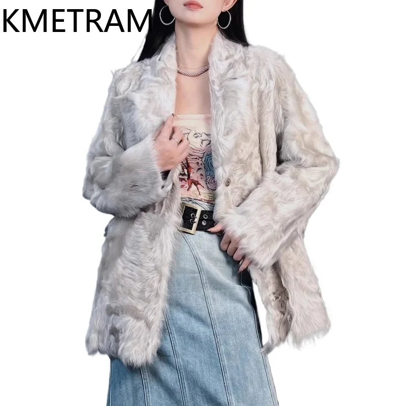 KMETRAM Natural Sheepskin with Wool Attached Coat Light Grey Suit Collar Reversible Real Fur Jacket Woman Clothing Winter шуба