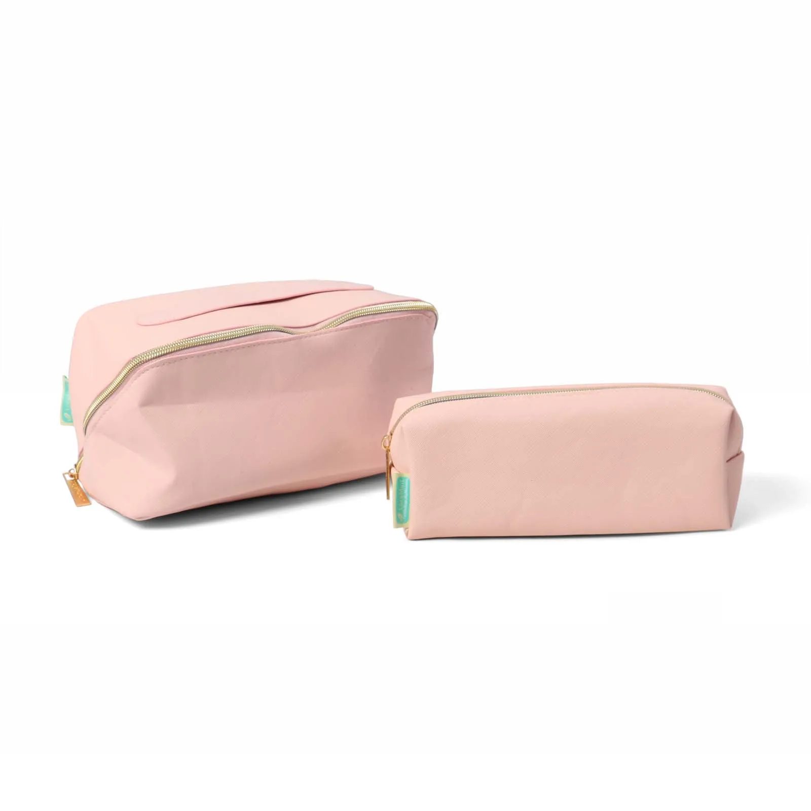 2 Pack Pink PU Leather Lay Flat Makeup Bag, Travel Cosmetic Organizer with Angled Zipper, Comes with Separate Makeup Brush Storage Pouch