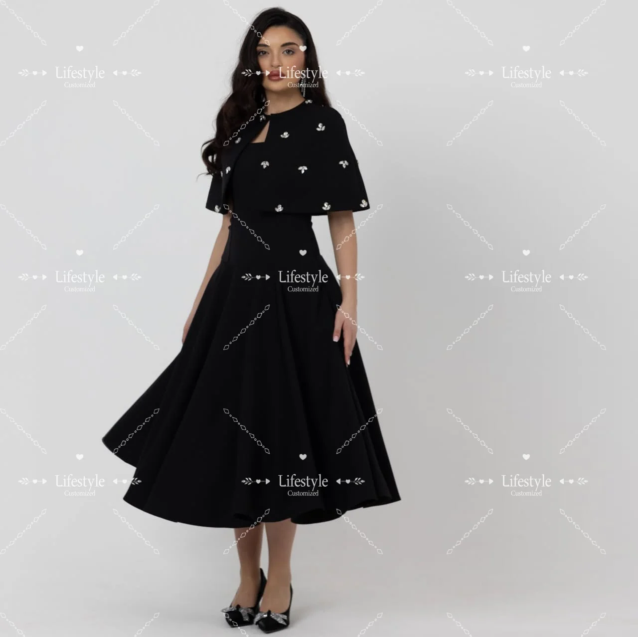 

Customized Formal Evening Dress Black Prom Midi Dress with Crystal Embellished Capelet Corset Back Elegant Party Dress