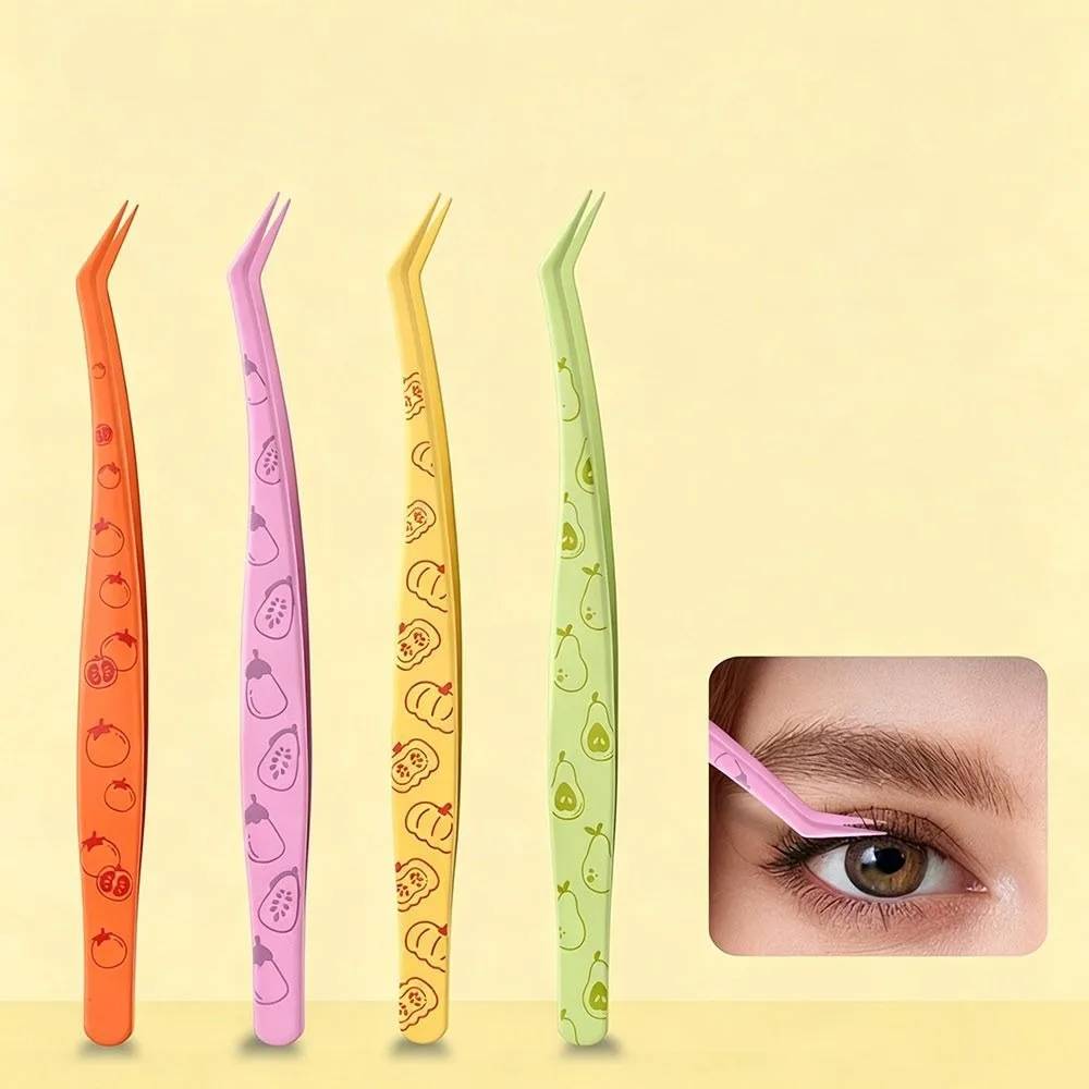 Stainless Steel Curved Stickers Tweezers Anti-static High Precision False Eyelash Tweezers With Leather Case Cartoon Fruits