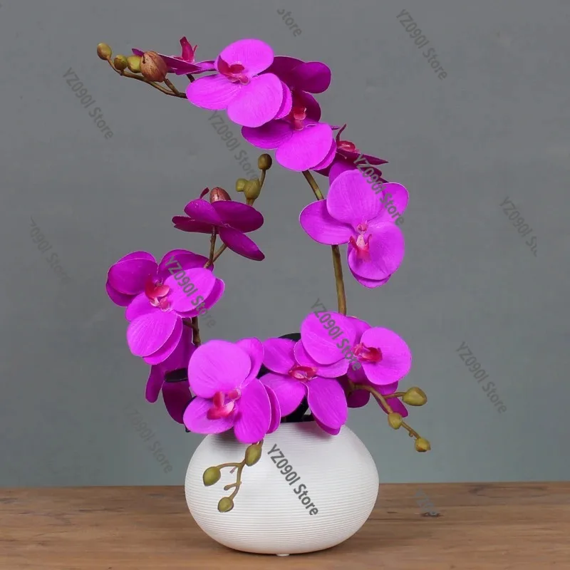 Ceramic Vase with Artificial Phalaenopsis, Home Desk Coffee Table Floral Decoration Crafts