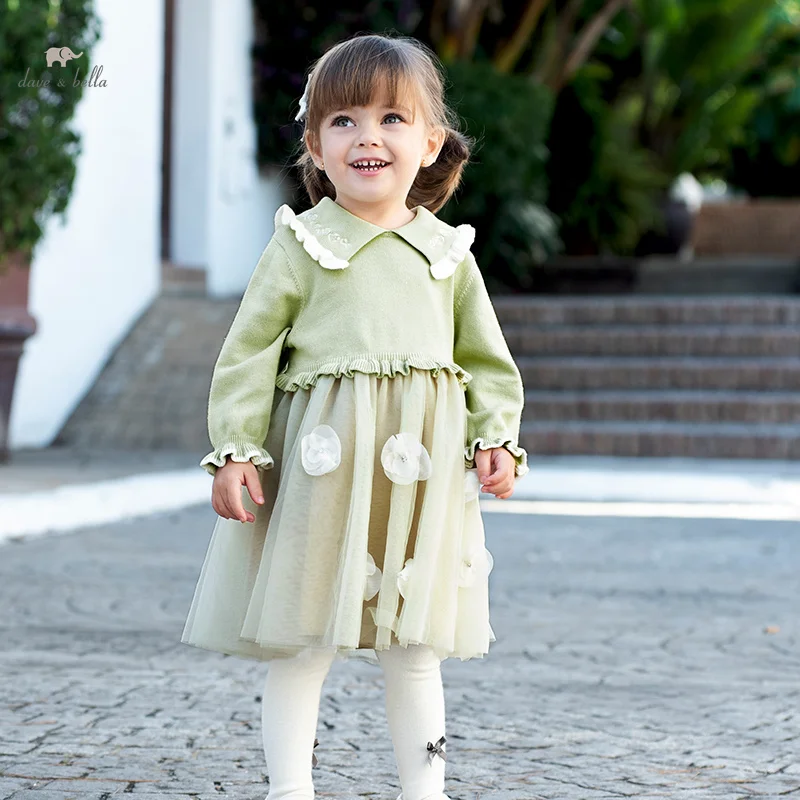 

Dave Bella Girls Sweater Dress Autumn Spring Knitted Long Sleeve Children Cotton Mesh Skirt Princess Cute Kids Clothes DB1240364