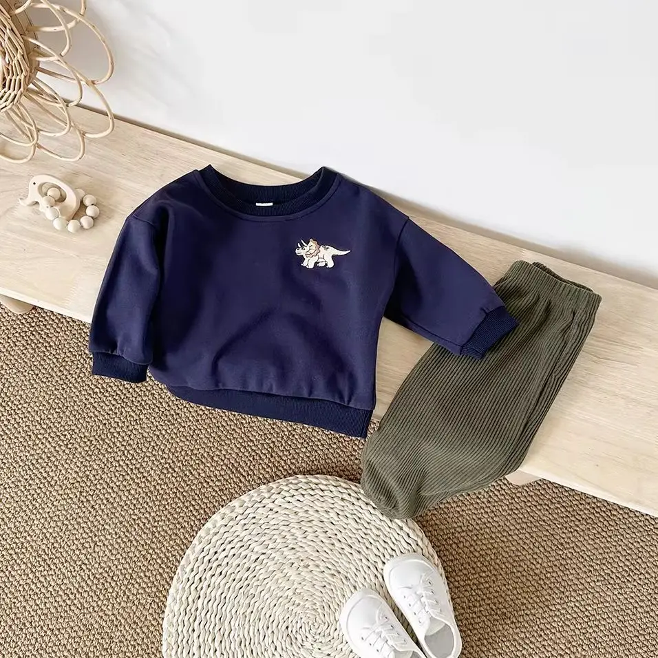 New Spring Baby Dinosaur Embroidery Casual Cute Boys Long Sleeved Sweatshirt+Pants Girls Set Cotton Newborn Clothes 2PCS