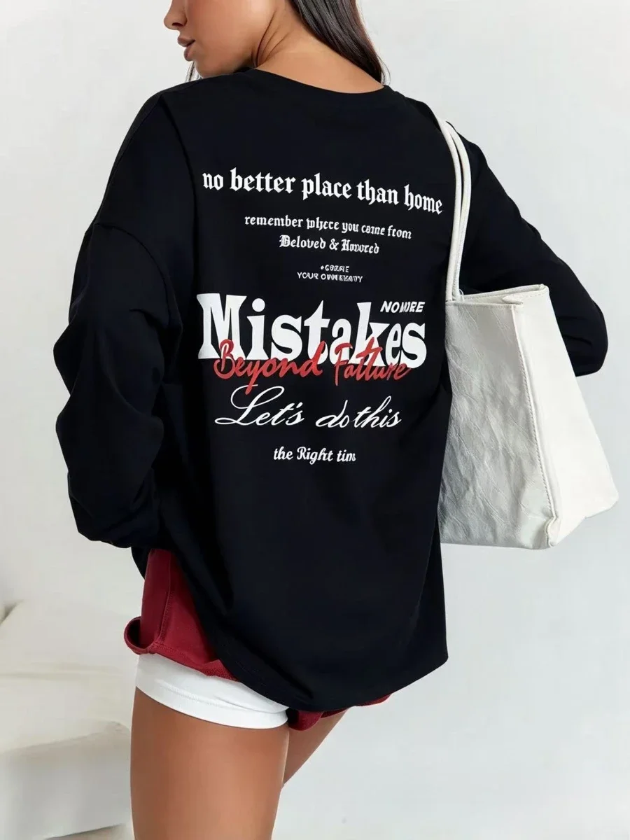 American Style Autumn 100% Cotton Retro Gothic God Bless You Letter Print Women Long Sleeve T Shirt Loose Casual Chic Top
