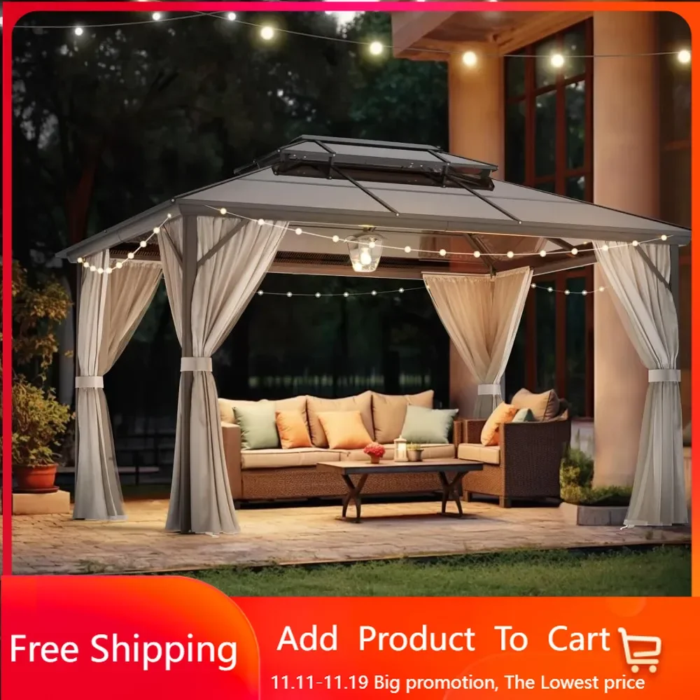 

10’ x 13’ Hardtop Gazebo, Aluminum Frame Outdoor Gazebo with Polycarbonate Double Roof Canopy Permanent Pavilion