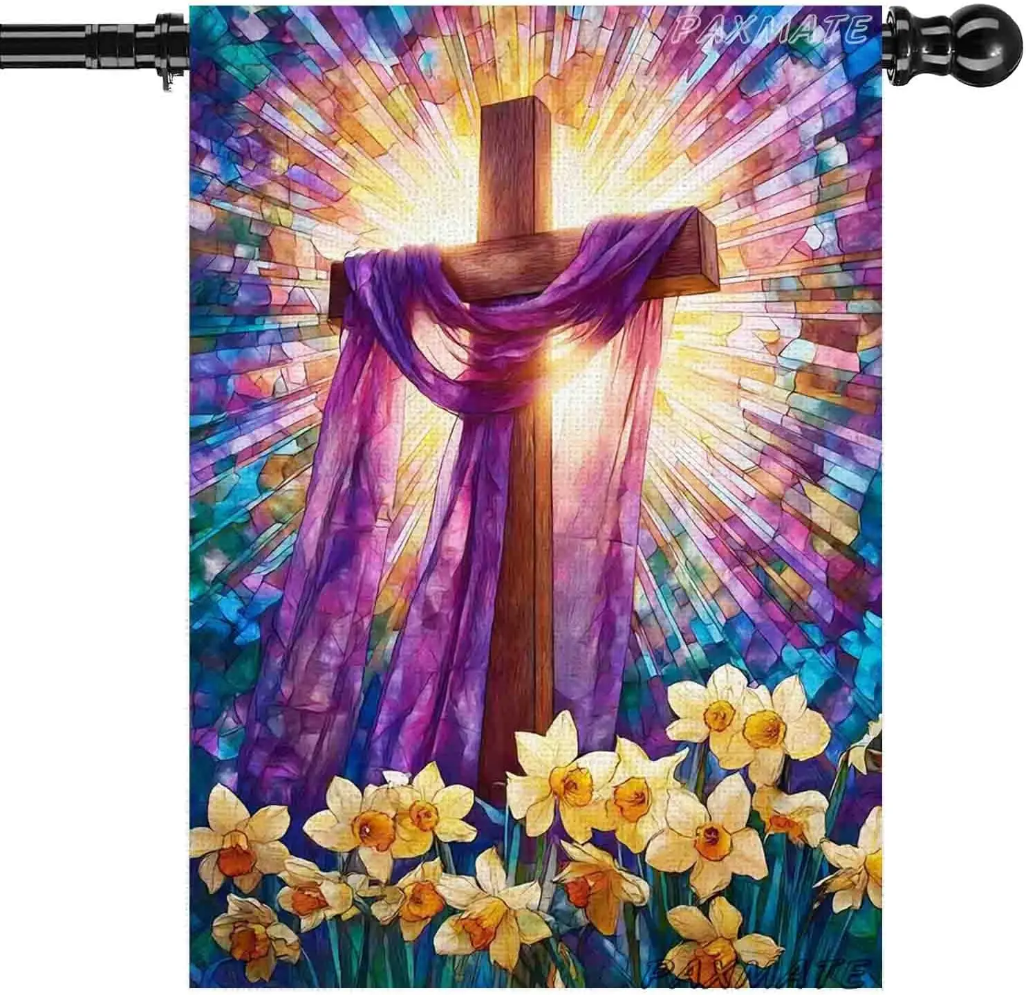 Christian Easter Cross House Flag 28x40 Inch, Religious Stained Glass Cross with Daffodils Spring Large Outdoor Yard Flag Do GGO