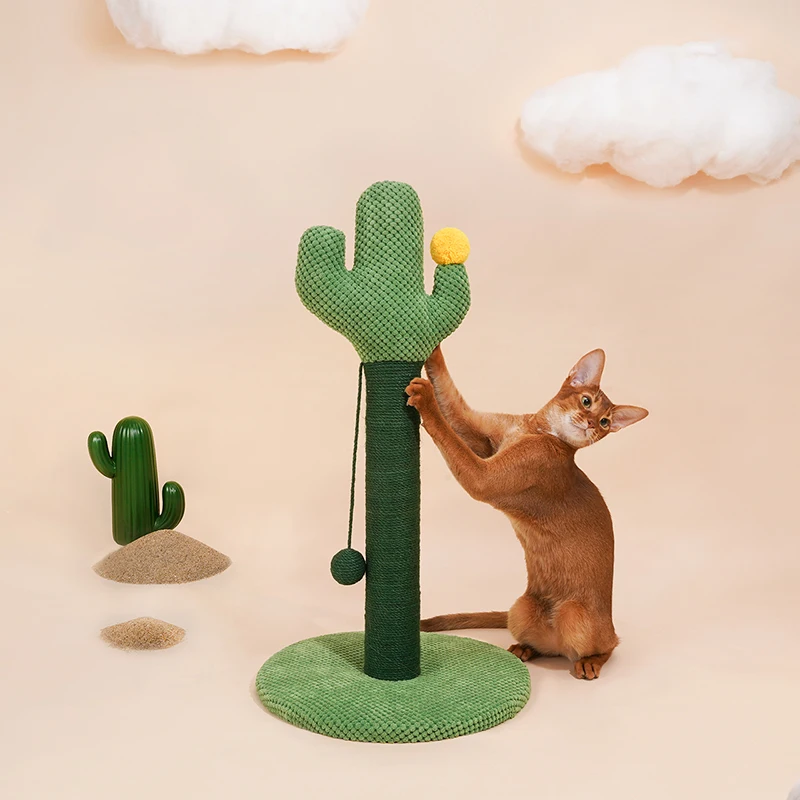 Sturdy Base Corduroy Jute Rope Cute Pet Cat Toy Climbing Cactus Cat Tree With Fun Drop Ball