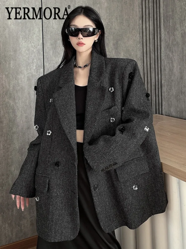 

YERMORA Gray Flower Beading Button Casual Blazer For Women Lapel Long Sleeve Loose New Jacket Fashion Tide Spring Autumn 2025