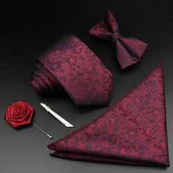 New Solid Color Men Tie Set Polyester Floral Jacquard Woven Necktie Bowtie Suit Vintage Red Blue For Groom Business Wedding Gift