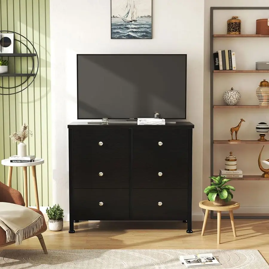 Czarna komoda do sypialni, komody z 6 szufladami i szafki na ubrania, mała komoda z tkaniny do przechowywania w szafie, nowoczesna.