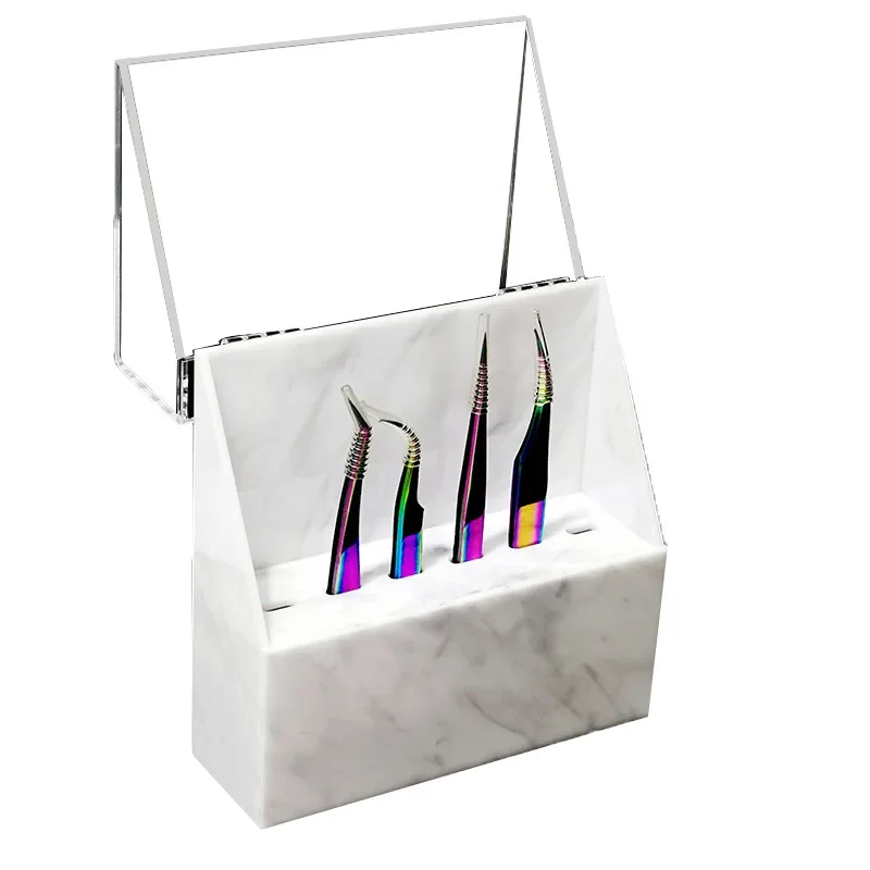 

6-Hole eyelash tweezers storage rack for grafting eyelashes, acrylic storage box, dustproof marble pattern tweezers rack.