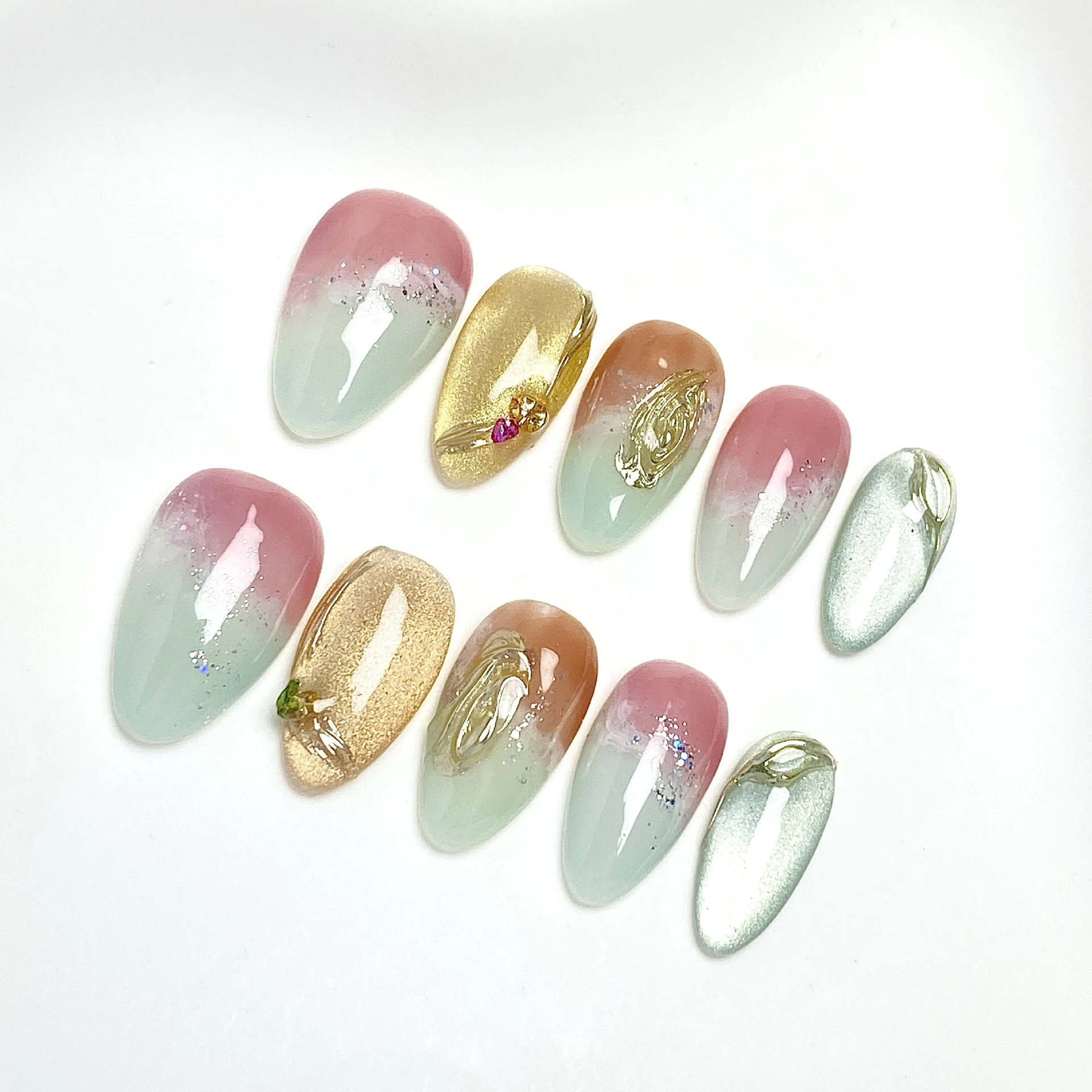 

10 шт. Накладные ногти ручной работы, розово-зеленые с эффектом кошачьего глаза, миндалевидные, блестящие, полностью покрывающие, милые, готовые к носке