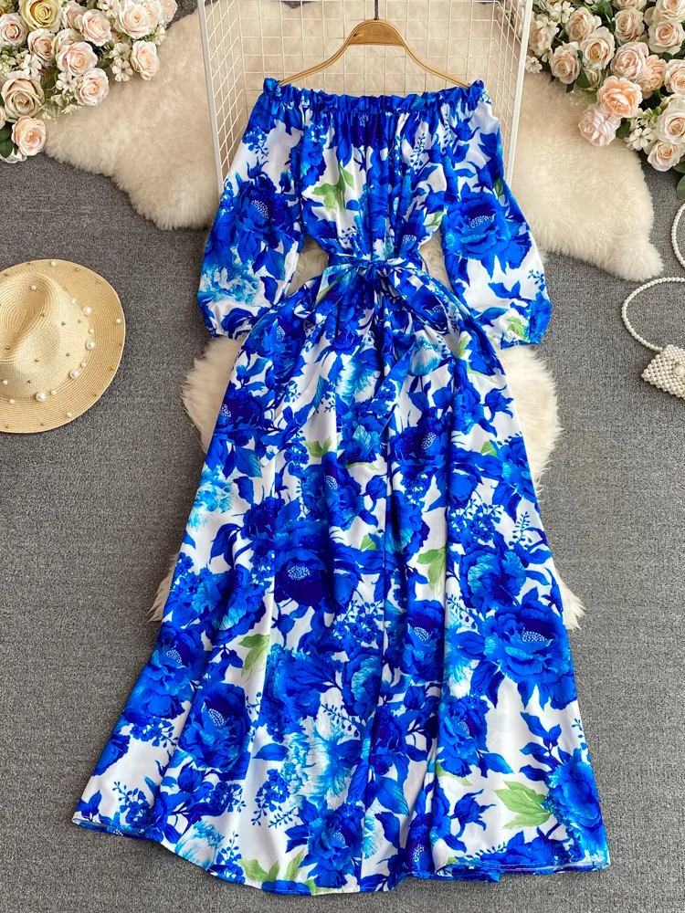 chinese dress ladies Blue Floral Off Shoulder Maxi Dress main image 1