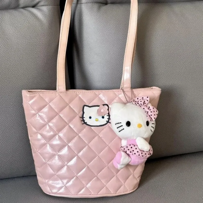 Sanrio Hello Kitty Y2k Pink Handbag Kawaii Cartoon Print Thread Shoulder Bag PU Leather High Capacity Square Tote Bags For Women