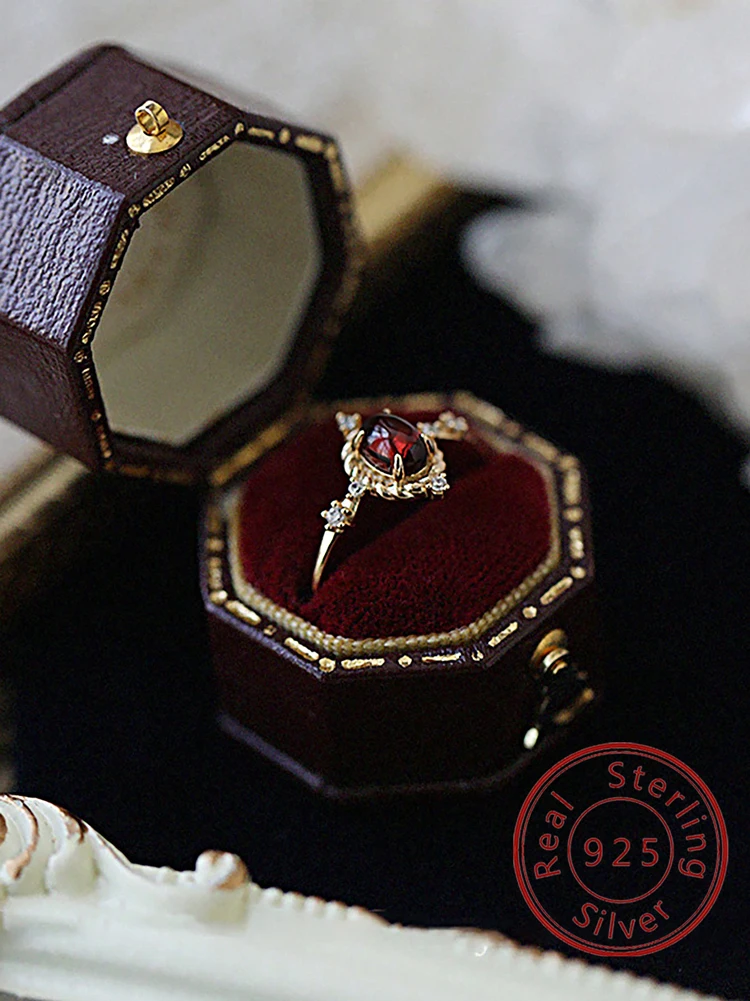 

925 Sterling Silver Golden Vintage Palace Colored Red Zircon Ring For Women Anniversary Banquet Luxury High Quality Fine Jewelry