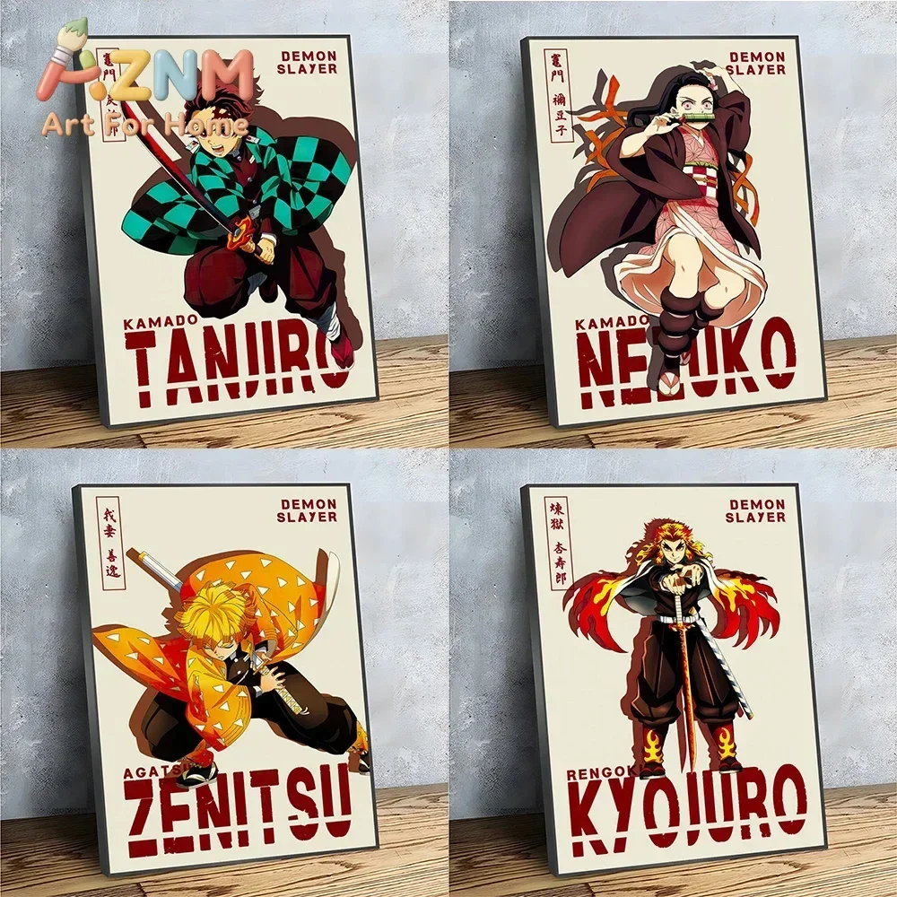 AZNM Demon Slayer Anime Canvas Wall Art Tanjiro Nezuko Zenitsu Rengoku Retro Character Canvas Print Bedroom Decor Poster