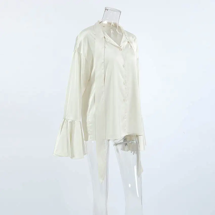 European and American ruffled satin top women's 2025 Fashion spring palace style beige ribbon shirt medium long women's clothing
