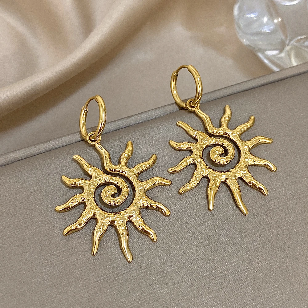 Trendy Gold Silver Color Stainless Steel Earrings for Women Men Vintage Spiral Sun Totem Drop Dangle Earrings Jewelry Gifts