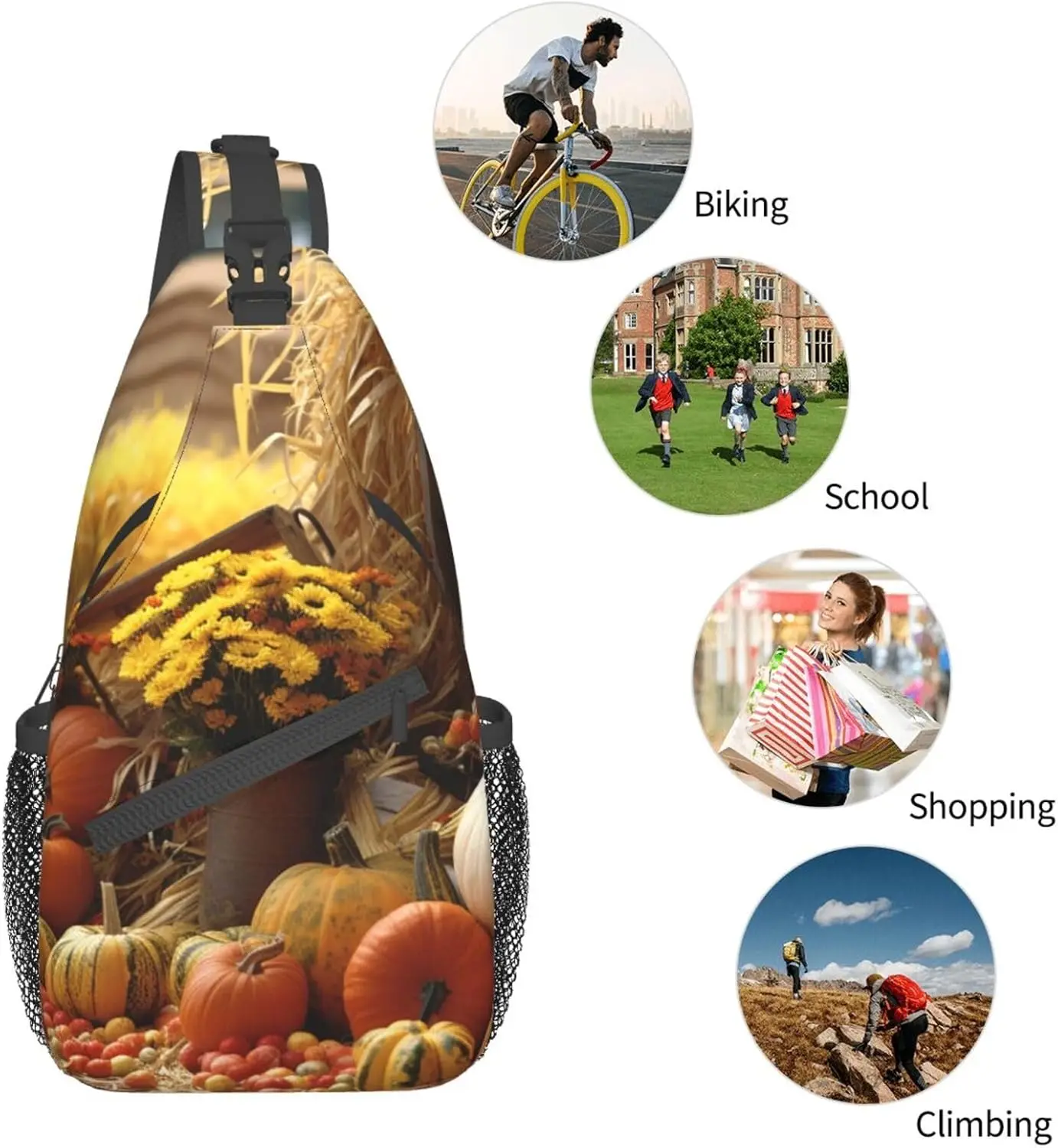 حقيبة ظهر بحمالة للخريف وعيد الشكر مطبوعة حقيبة صدر كروس قابلة للتعديل حقيبة كتف للسفر والمشي لمسافات طويلة حقيبة نهارية للجنسين #6