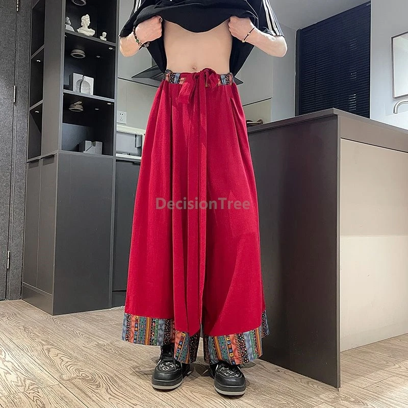 

2025 ethnic characteristic design sense men's pants skirt chinese printing cotton linen wide leg pants leisure loose trousers