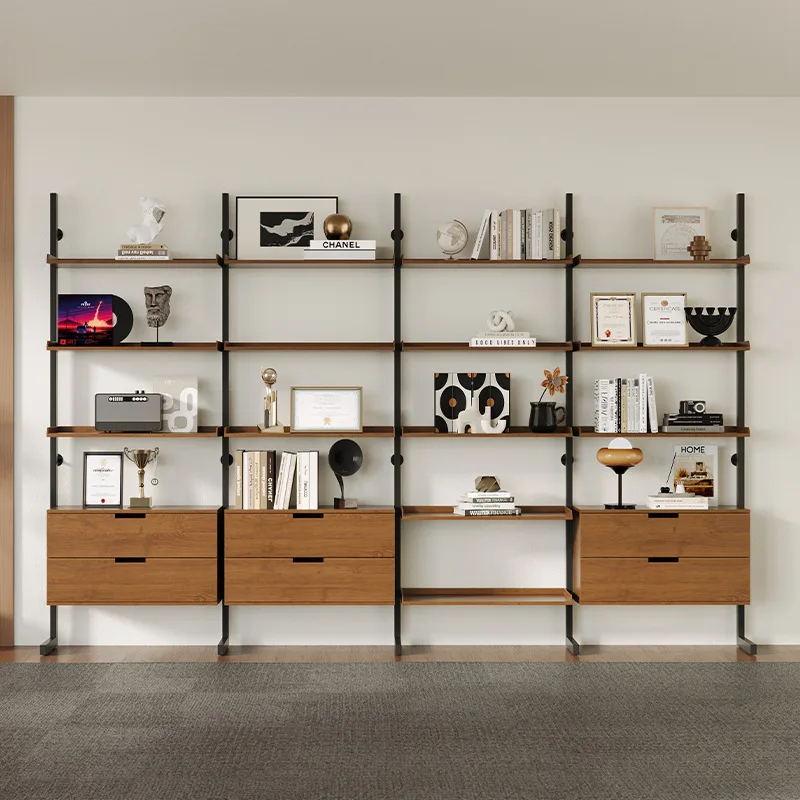 Solid wood bookshelf display cabinet integrated against the wall 2026 high-end office household floor-to-ceiling file cabinet la