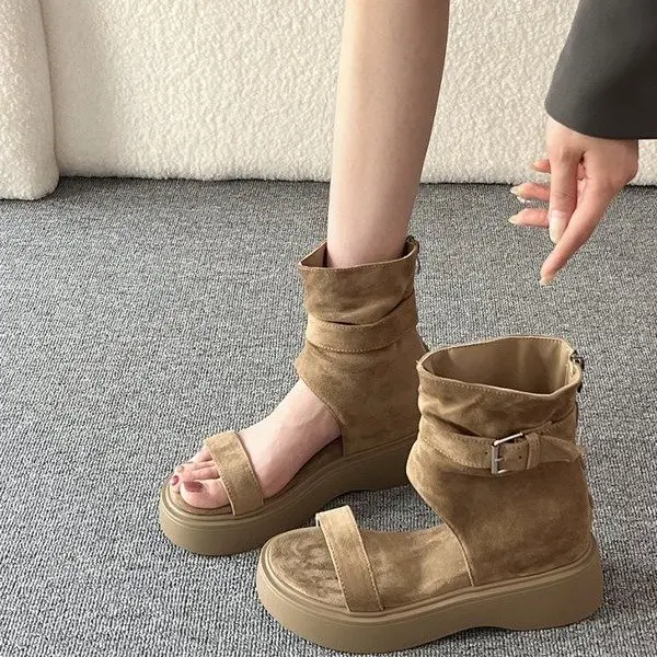 Women's Open Toe Ankle Bootie Sandals Chunky Platform Suede Buckle Strap Back Zipper Casual Summer Roman Gladiator Sandals Shoes