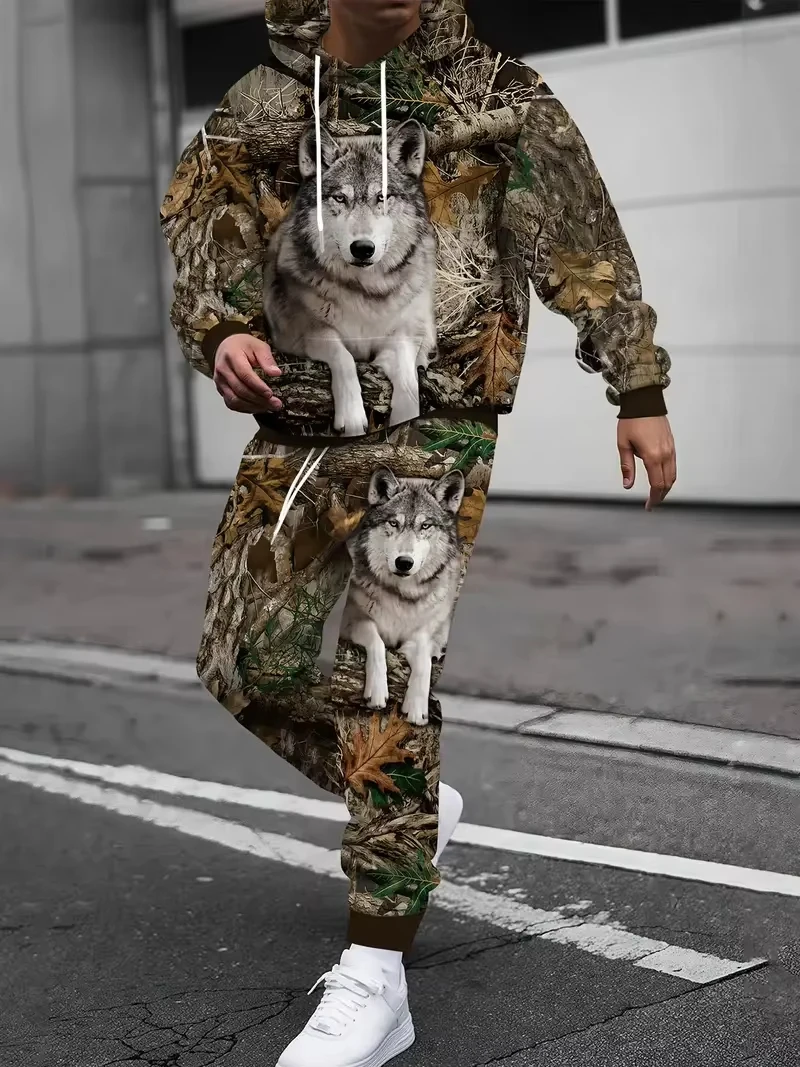 위장 무늬 멧돼지 동물 3D 프린트 후드티 바지 세트 남성용 스웨트셔츠 스웨트팬츠 투피스 수트 트랙수트 남성 의류