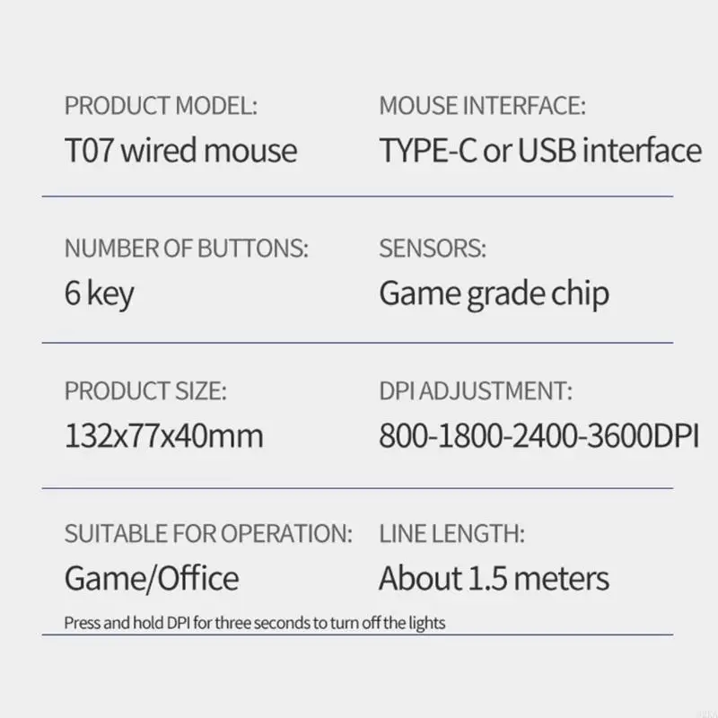 62ka TypeC Mouse 6 Botões USB C Mouse jogos com luzes LED LIME