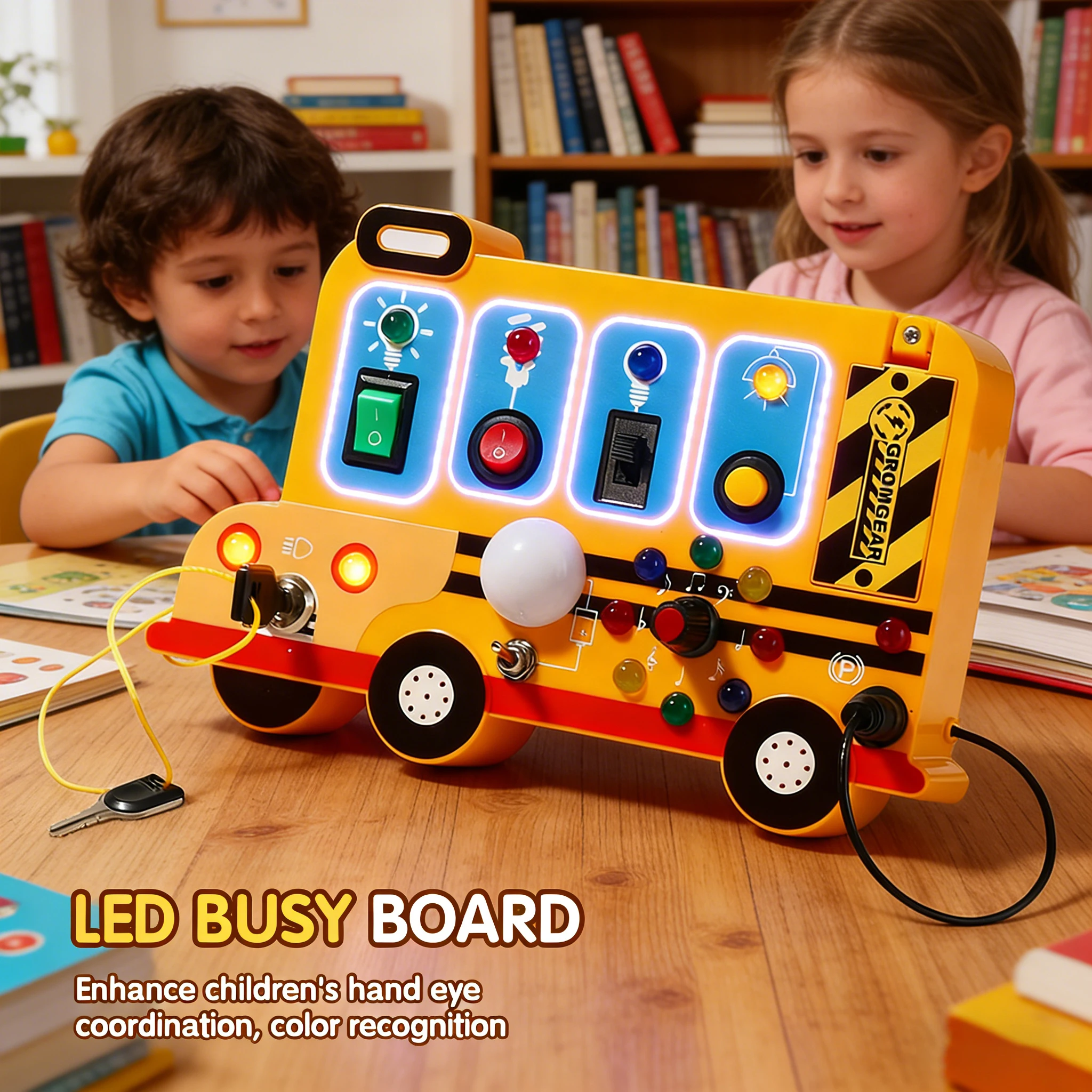 

Доска Монтессори, сенсорные игрушки, мультфильм со светодиодной подсветкой, доска управления автобусом, путешествия, детская игра для детей 2-4 лет