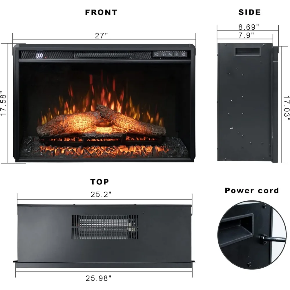 26 Wall-Mounted Electric Fireplace, 1500W Recessed Insert with Remote, Timer, Adjustable Brightness & Speed, Safety Overheat Pro